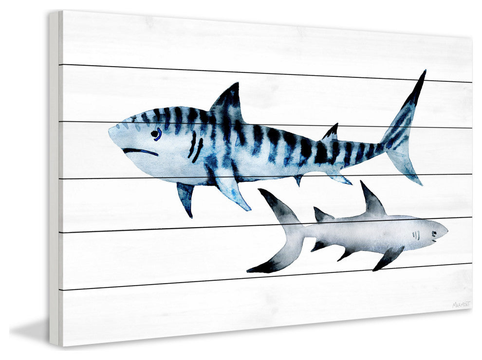 "Sharks Duo" Painting Print on White Wood, 18x12