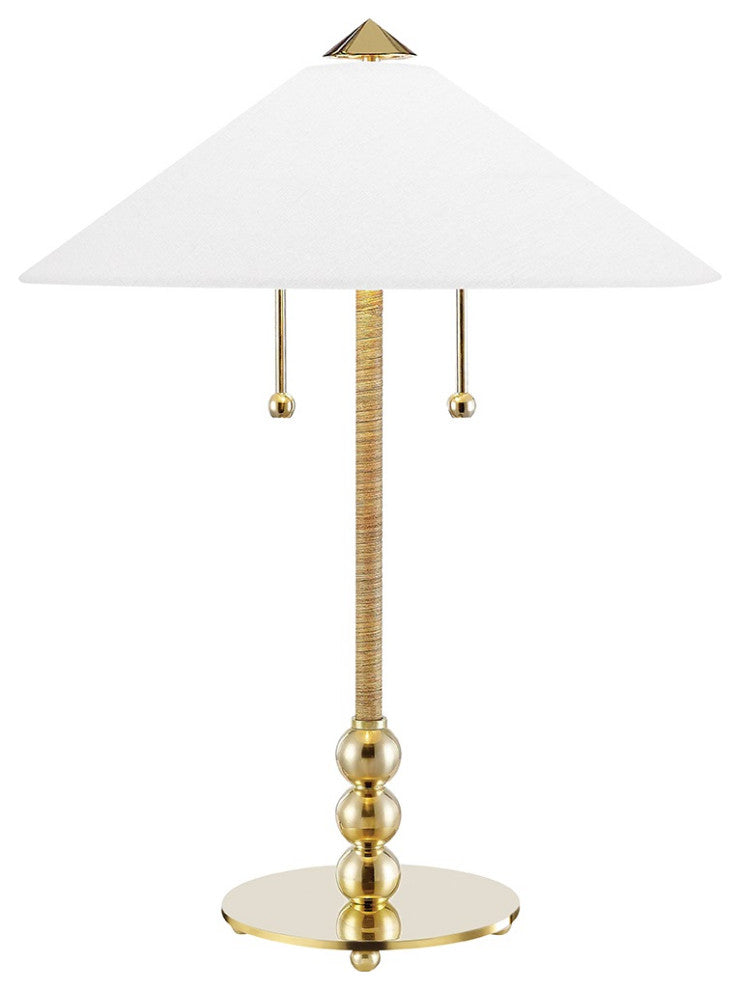 Flare 2 Light Table Lamp, Aged Brass Finish, White Belgian Linen Shade
