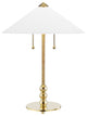 Flare 2 Light Table Lamp, Aged Brass Finish, White Belgian Linen Shade