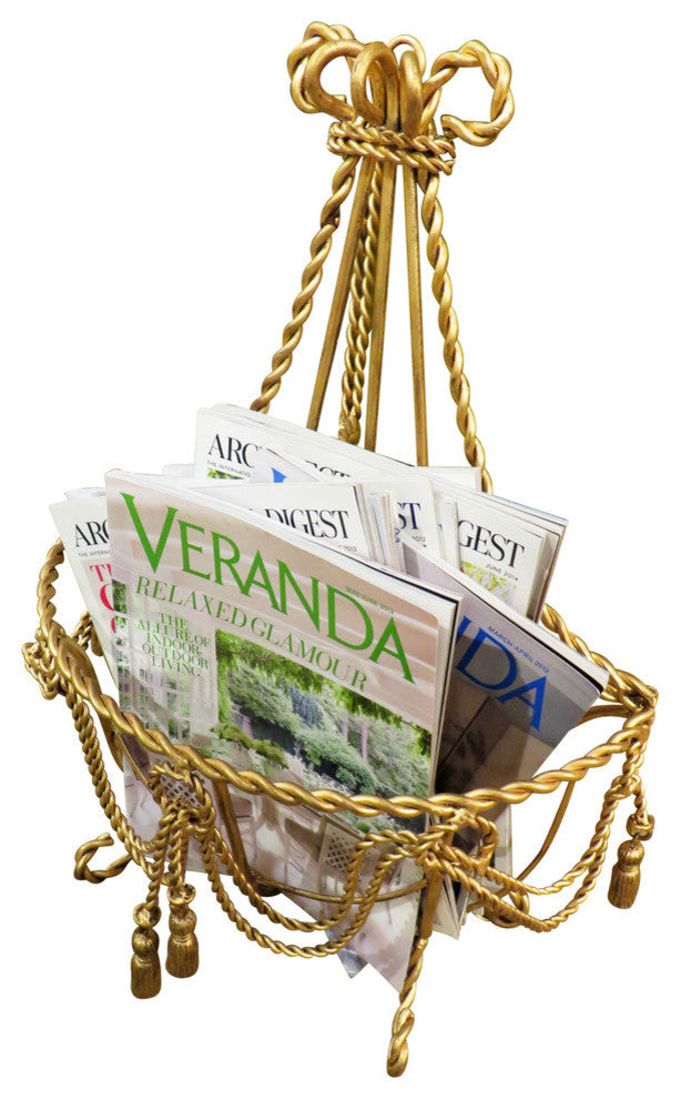 Ornate Gold Swag Tassel Wall Basket, Baroque Hanging Flower Metal