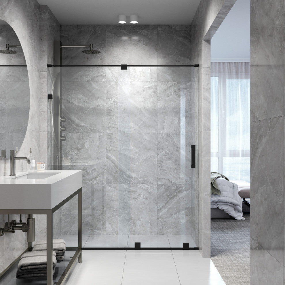 VIGO Ryland 58" to 60" W x 73" H Frameless Track Sliding Shower Door, Matte Black, Clear Glass
