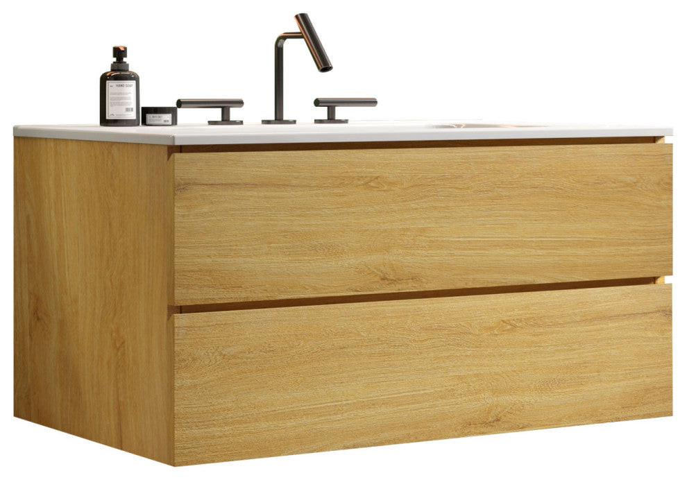Wall-Mounted Bathroom Vanity Set with Ceramic Sink, Oak, 36"
