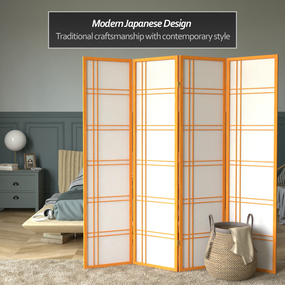 6' Tall Double Cross Shoji Screen, Honey, 4 Panels