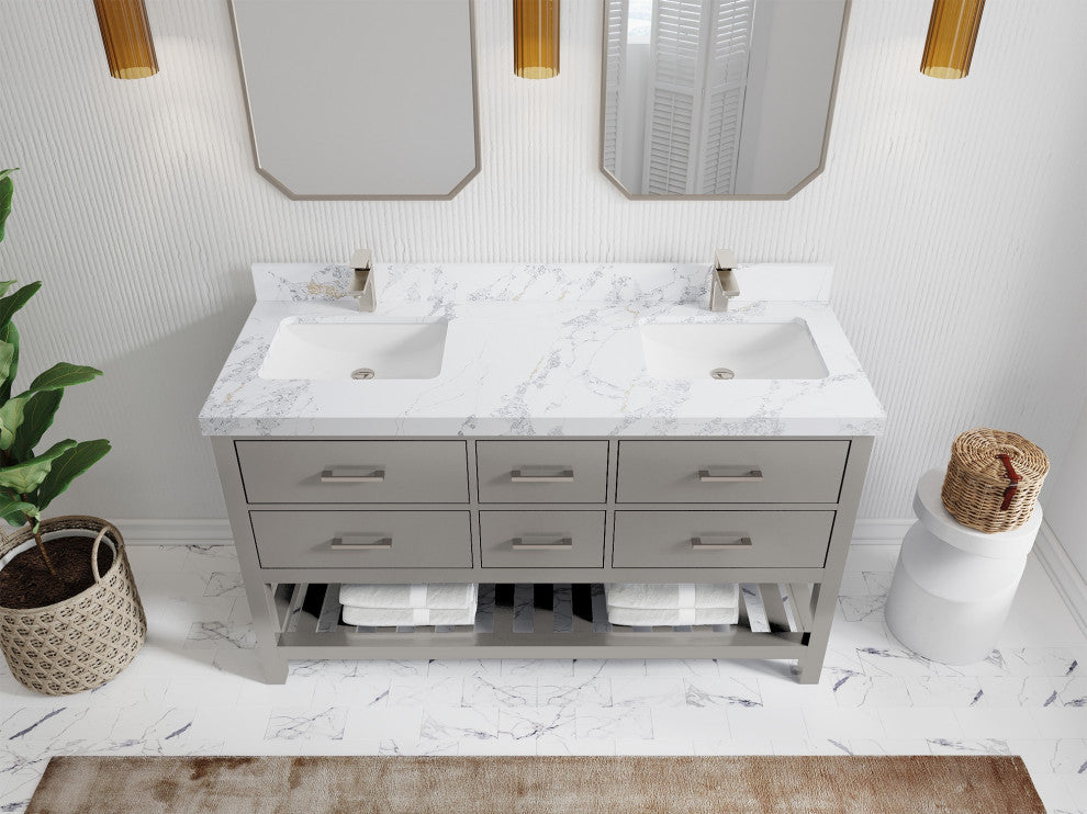 Parker 60" Double Sink Bath Vanity, Elephant Skin Gray 2" Calacatta Poanazzo