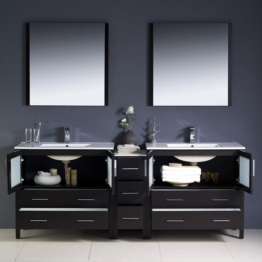Torino 84" Espresso Modern Double Sink Bathroom Vanity, Faucet FFT3111CH
