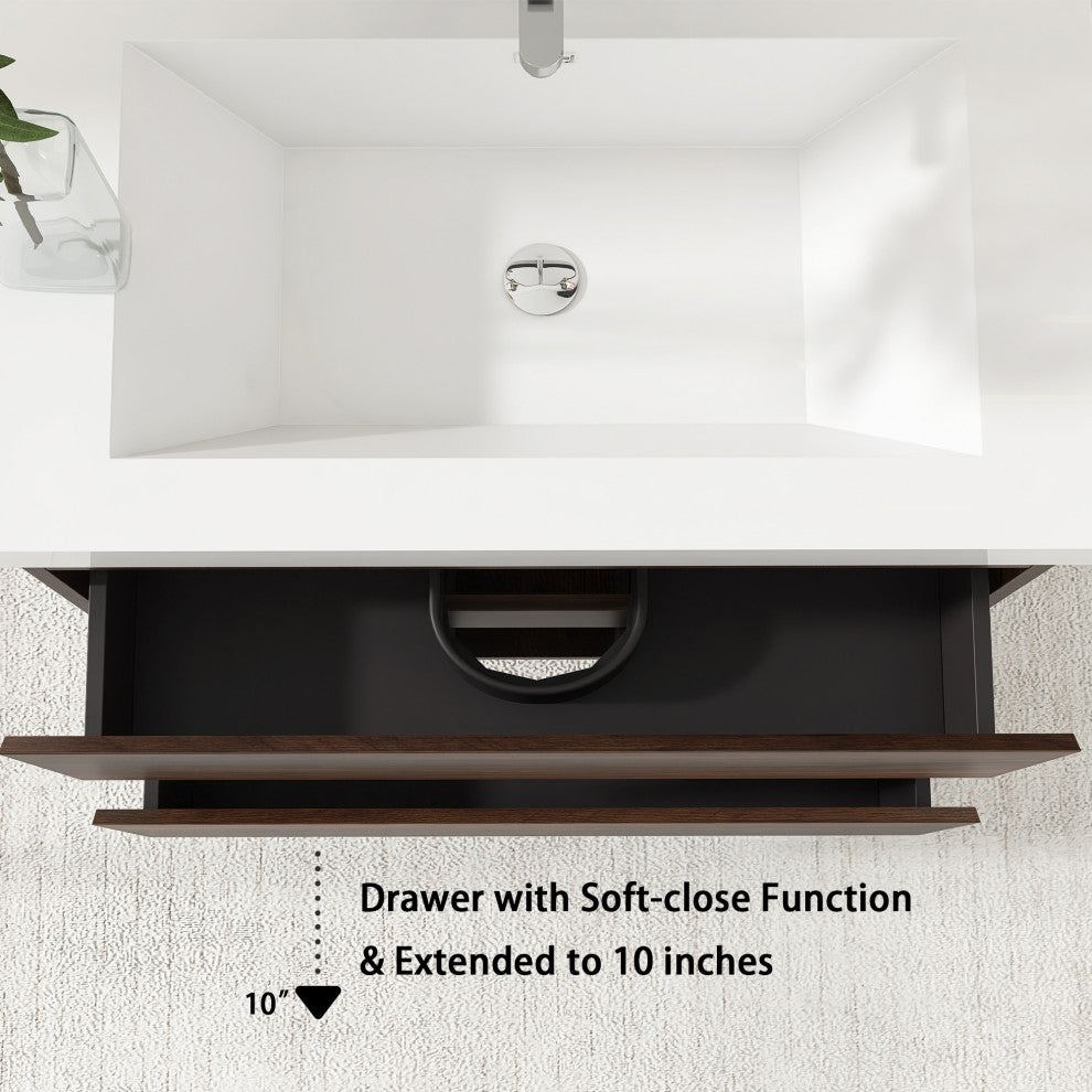 Wall-Mounted Bathroom Vanity with Integrated Resin Sink, Rose Wood, 36in.