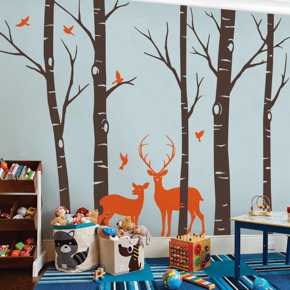 Birch Tree With Deer and Bird Wall Decals Sticker Set, Scheme A, 96" Tall Trees