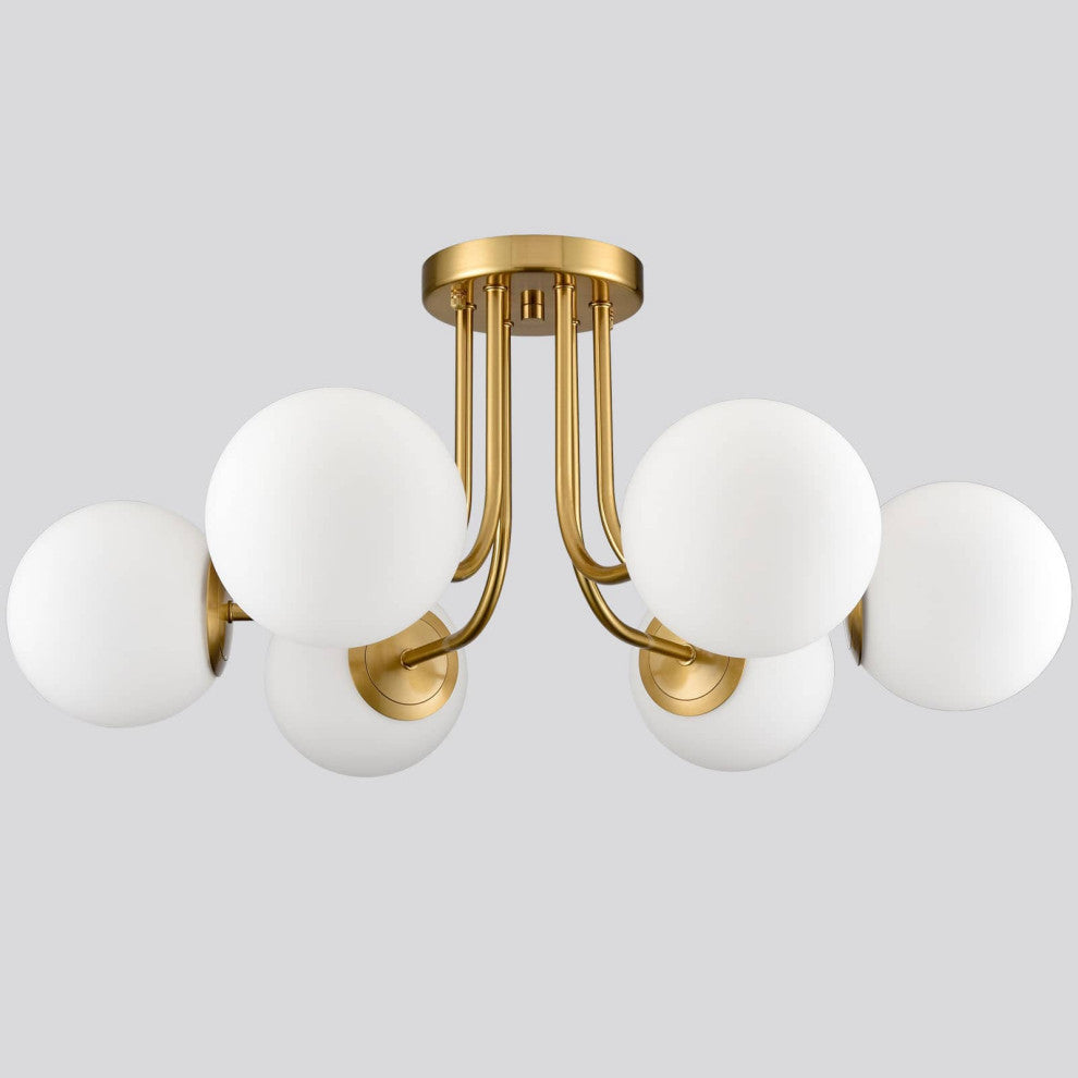 Modern Brass Globe Ceiling Light 6-Light With Opal Glass