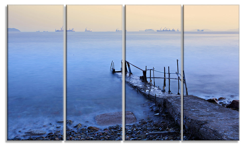 "Abandoned Pier Into Blue Sea" Sea Bridge Canvas Wall Artwork, 4 Panels, 48"x28"