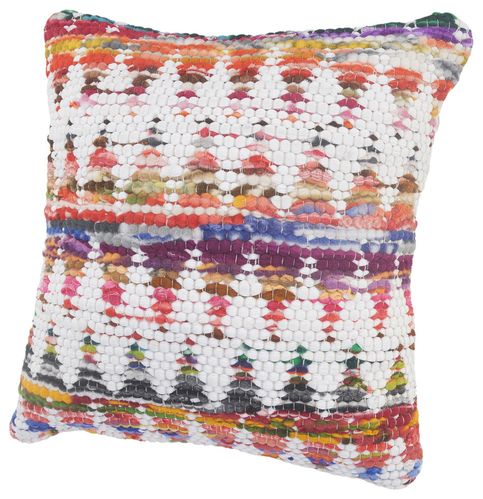 White and Multicolored Chindi Chevron Throw Pillow, 20" X 20"