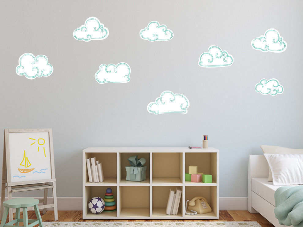Clouds Fabric Wall Decals, Set of 8 Hand Drawn Clouds in White
