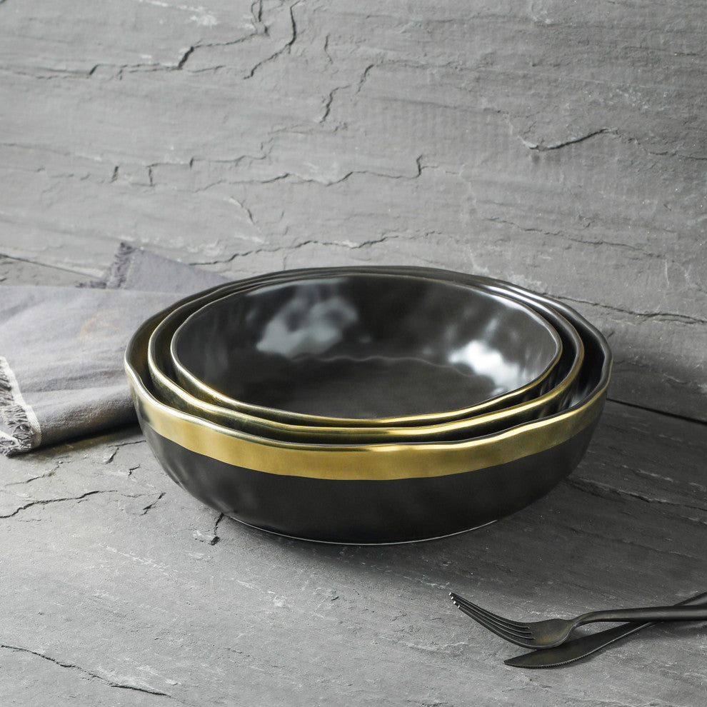 3-Piece Stone Lain Florian Porcelain Serving Bowl Set, Black