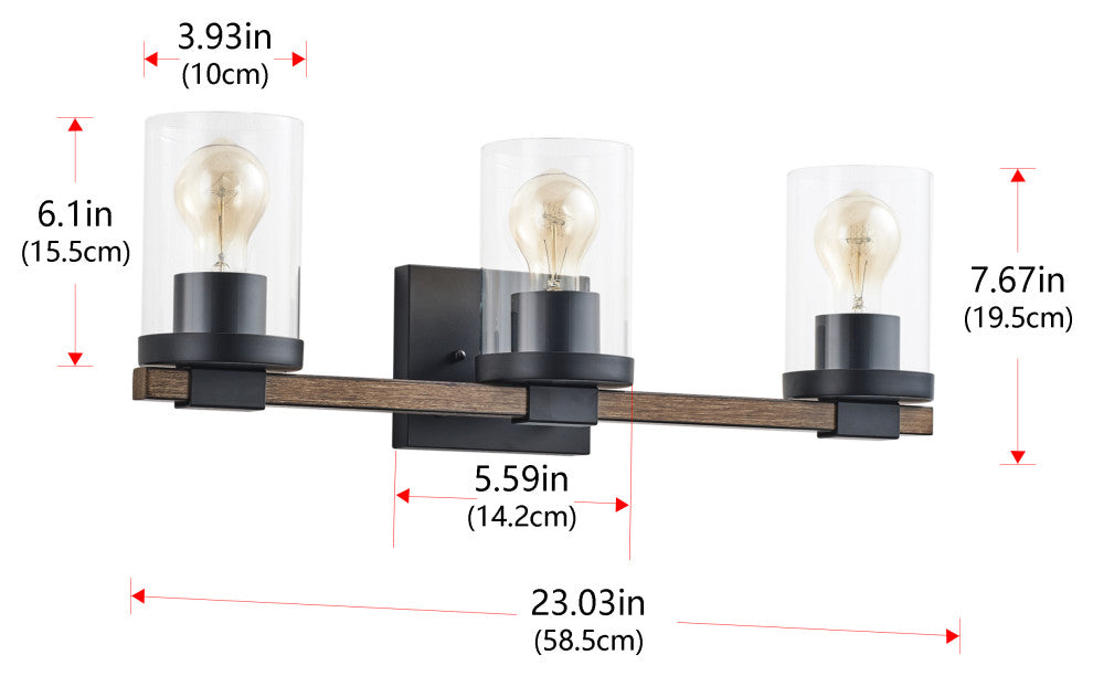 Farmhouse Black 3-Light Cylinder Clear Glass Vanity Light for Bathroom