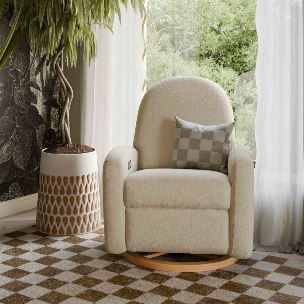 Nami Electronic Recliner and Swivel Glider Recliner, Boucle With USB port, Performance Cream Eco-Weave With Light Wood Base