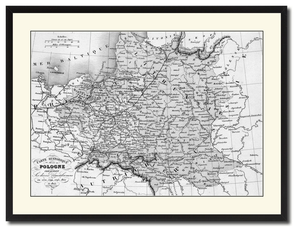 Poland Prussia Germany Vintage B&W Map Canvas Print, 28"x37"