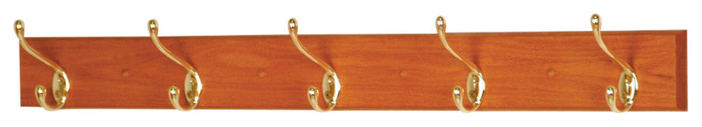 5 Hook Coat Rack, Light Oak, Medium Oak/Bright Brass
