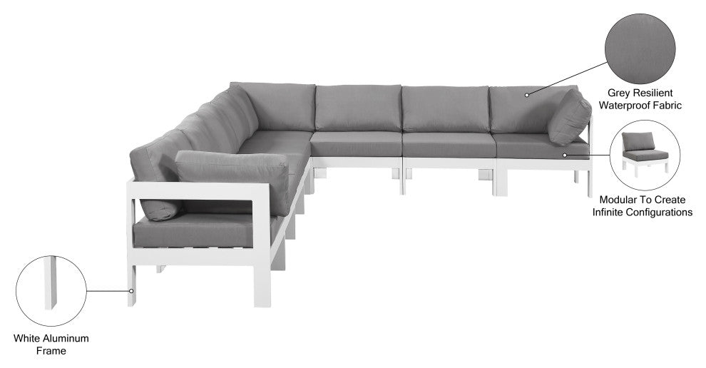 Nizuc Water Resistant Patio L-Shaped Modular Sectional, Gray, 8-Piece: 5 Armless Chair, 3 Corner Chair, White Aluminum Frame