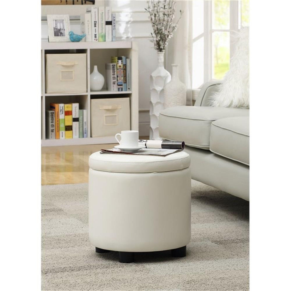Designs4Comfort Round Accent Storage Ottoman in Ivory White Faux Leather Fabric