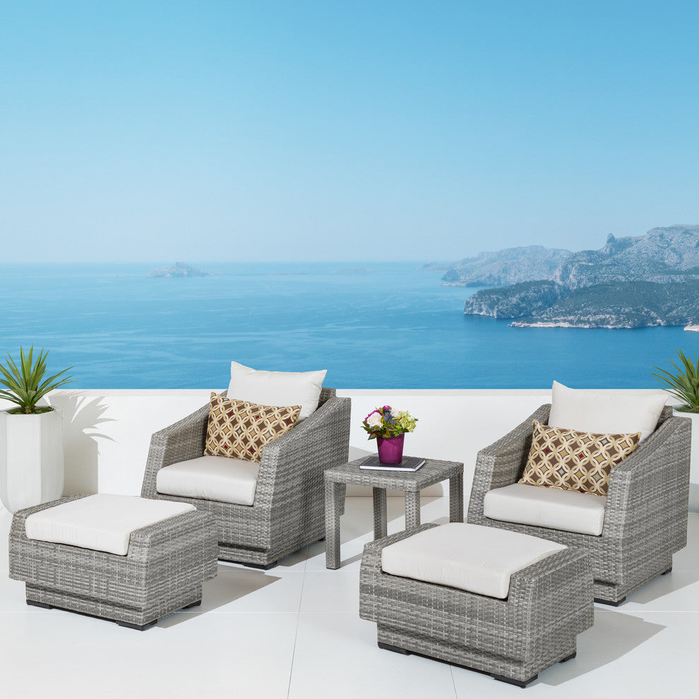 Cannes 5 Piece Sunbrella Outdoor Patio Club Chair and Ottoman Set, Cream