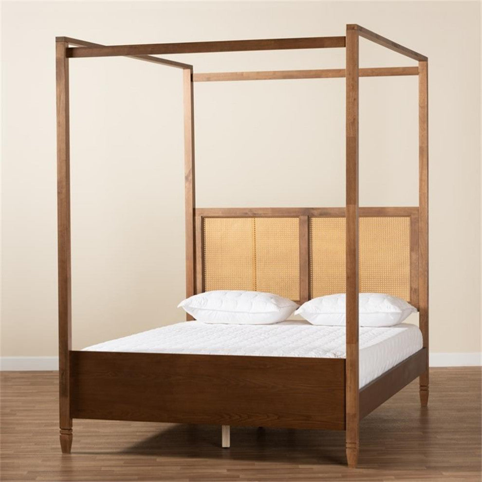 Malia Modern Brown Finished Wood and Synthetic Rattan King Size Canopy Bed