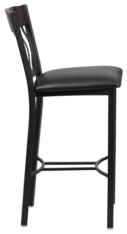 Vertical Back Black Metal and Walnut Wood Barstool With Black Vinyl Seat
