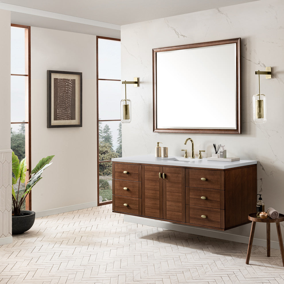 Amberly 30" Single Vanity, Mid-Century Walnut, 72", White Zeus, Three-Hole