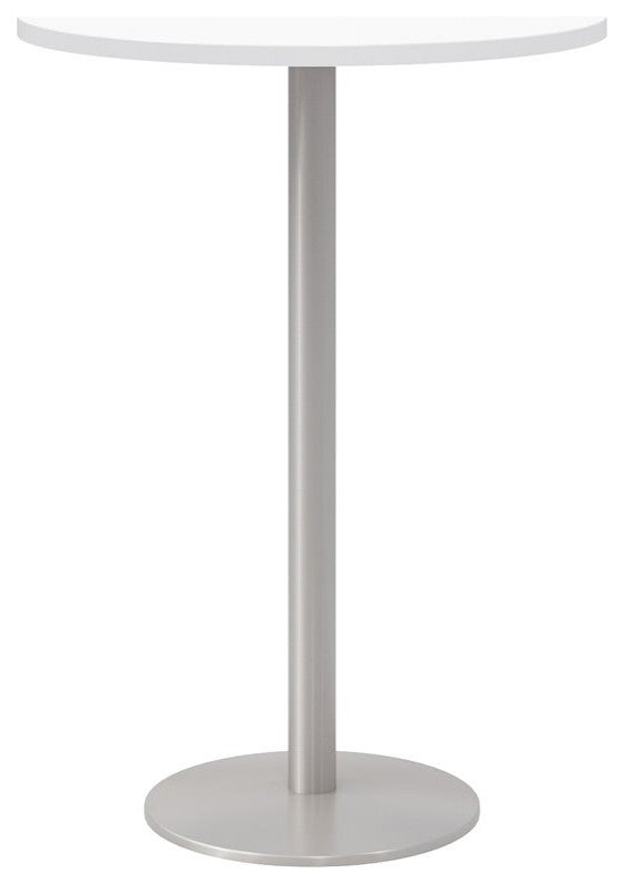 Olio Designs 30" Round Wood Top Bar Table in Designer White and Silver