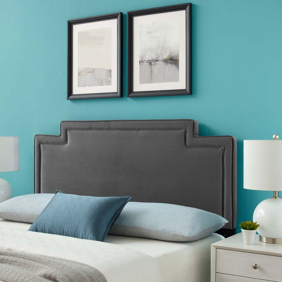 Headboard, Twin Size, Charcoal Gray, Velvet, French, Mid Century Guest