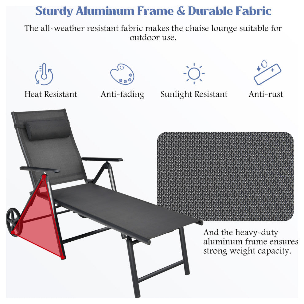Costway Patio Lounge Chair W/ Wheels Neck Pillow Aluminum Frame Adjustable