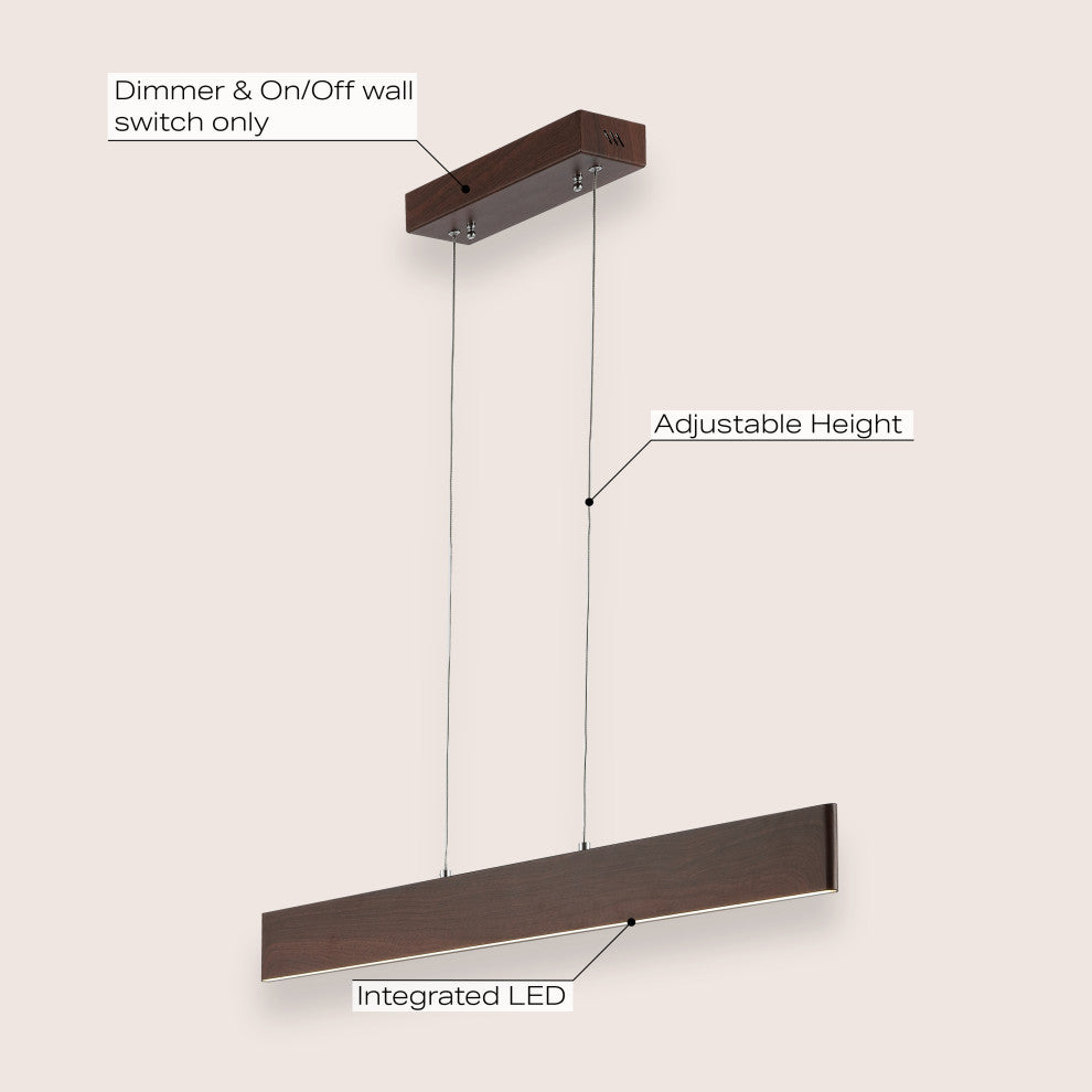 Draper 32" Adjustable Integrated LED Metal Linear Pendant, Dark Brown Wood