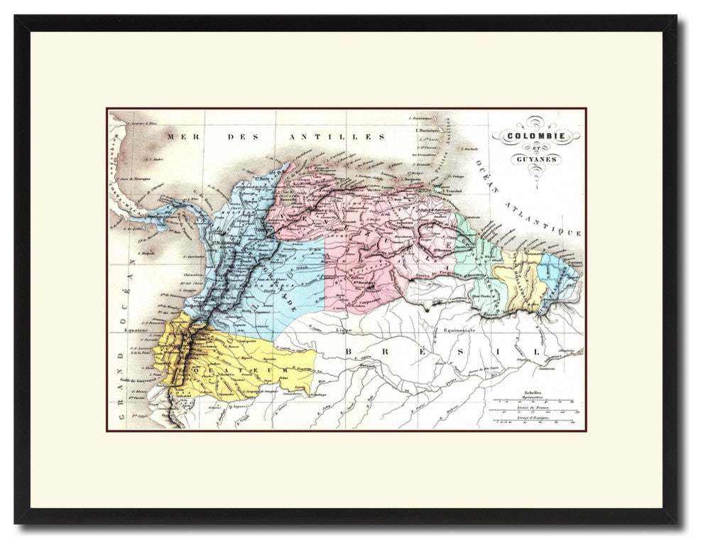 Columbia, Venezuela, Guianna Map Print On Canvas With Picture Frame, 16" X 21"