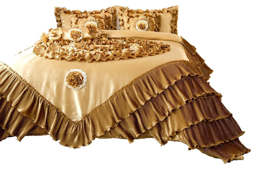 Gold Caramel Latte Ruffle Faux Satin Comforter Set, Queen