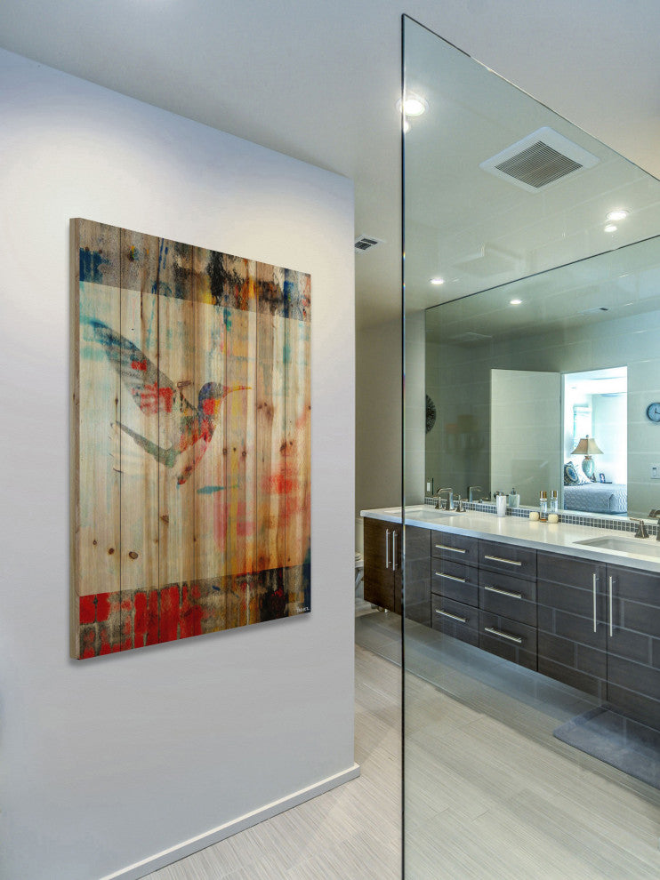 "Humming Bird Flies" Print on Natural Pine Wood, 40"x60"