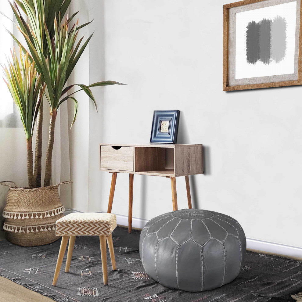 Handmade Moroccan Ottoman, Genuine Leather Pouf, Gray & White