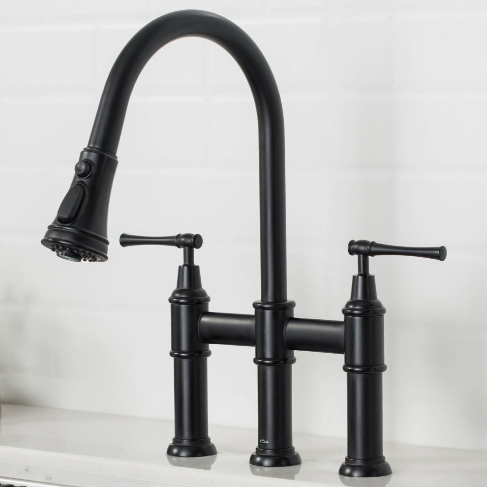 Allyn Traditional 3-Function Bridge Pull-Down Kitchen Faucet Matte Black