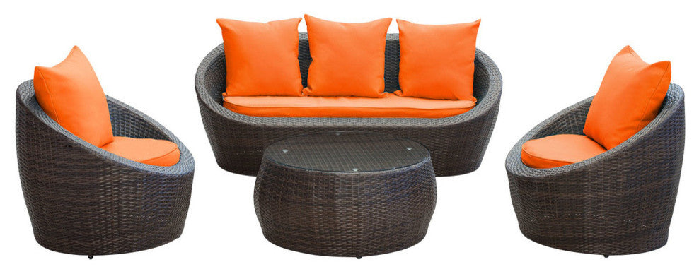 Modern Contemporary Outdoor Patio Rattan and Wicker Sofa Set Orange