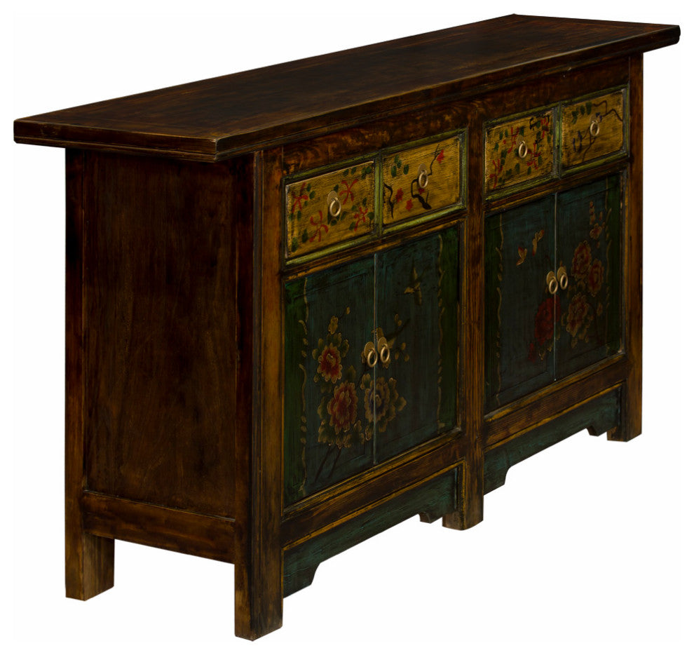 Bird and Flower Motif Elmwood Distressed Altar Style Tibetan Sideboard