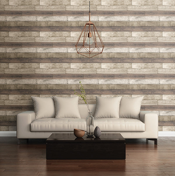 Weathered Wood Plank Wallpaper, Rust/Taupe, Sample