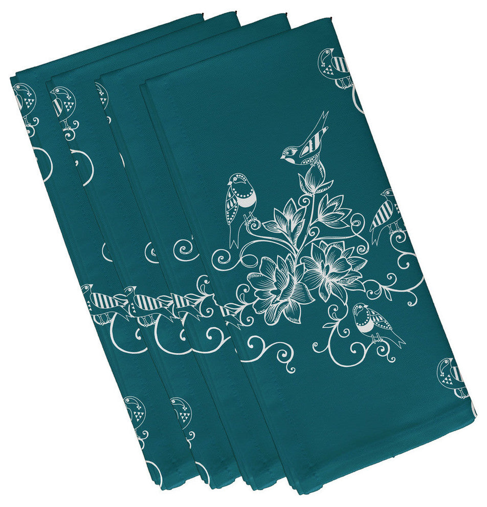 Morning Birds, Floral Print Napkin, Teal, Set of 4