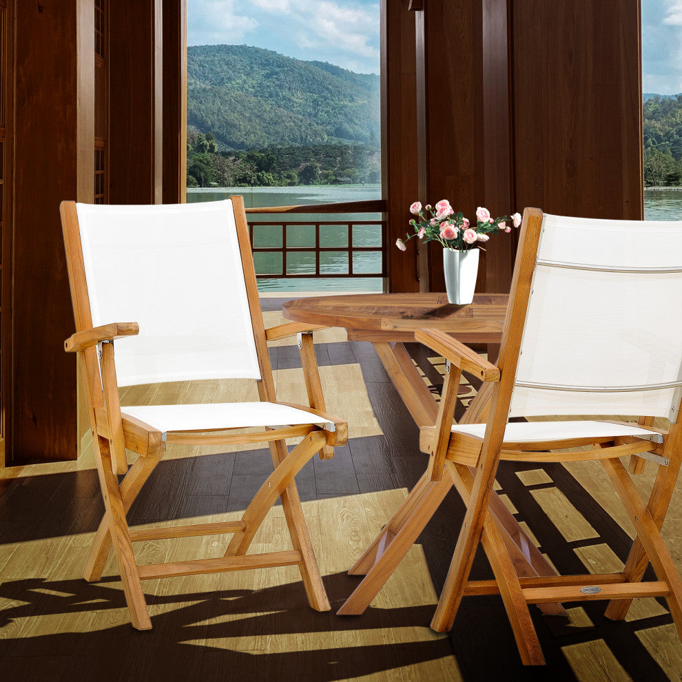 Teak Wood Miami Folding Arm Chair with Batyline Sling, Set of 2