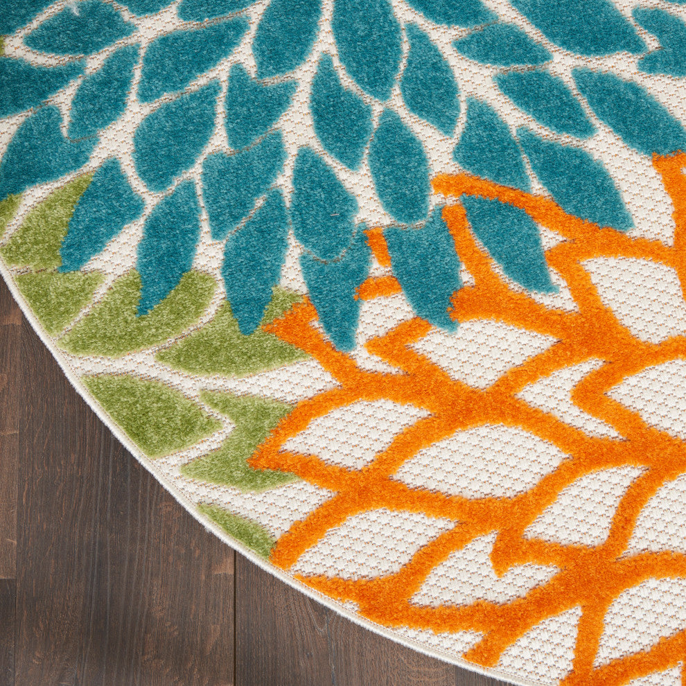 Nourison Aloha 7'10" x Round Turquoise Multicolor Tropical Rug