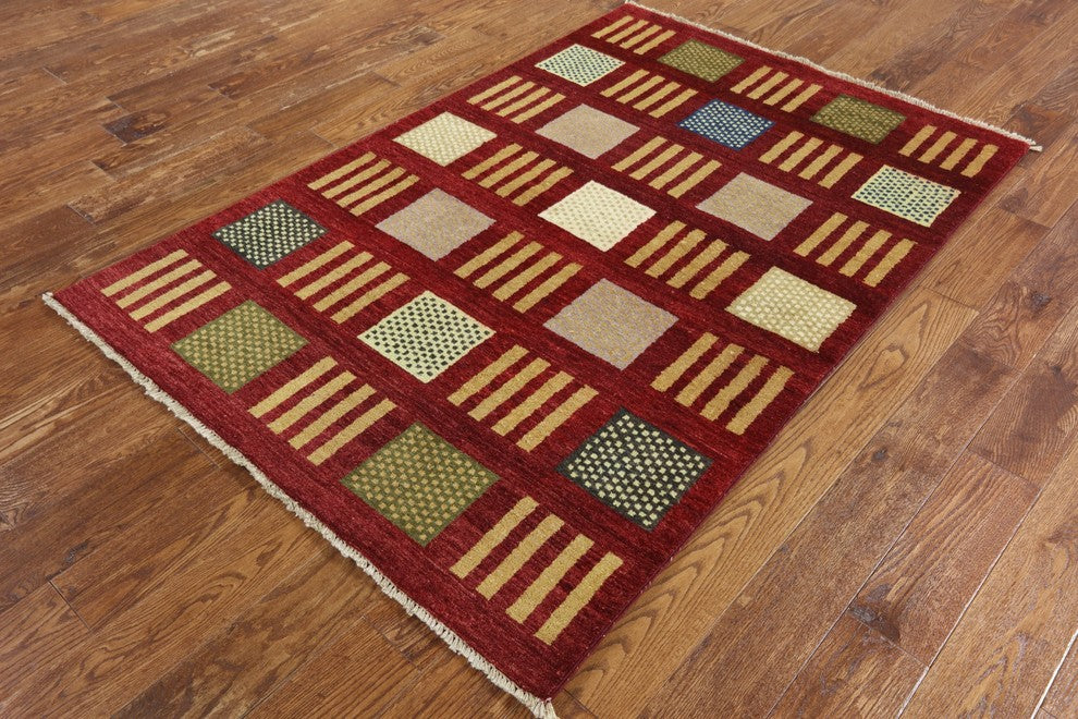 New Modern Collection Maroon 4'x6' Gabbeh Hand Knotted Wool Area Rug H8729