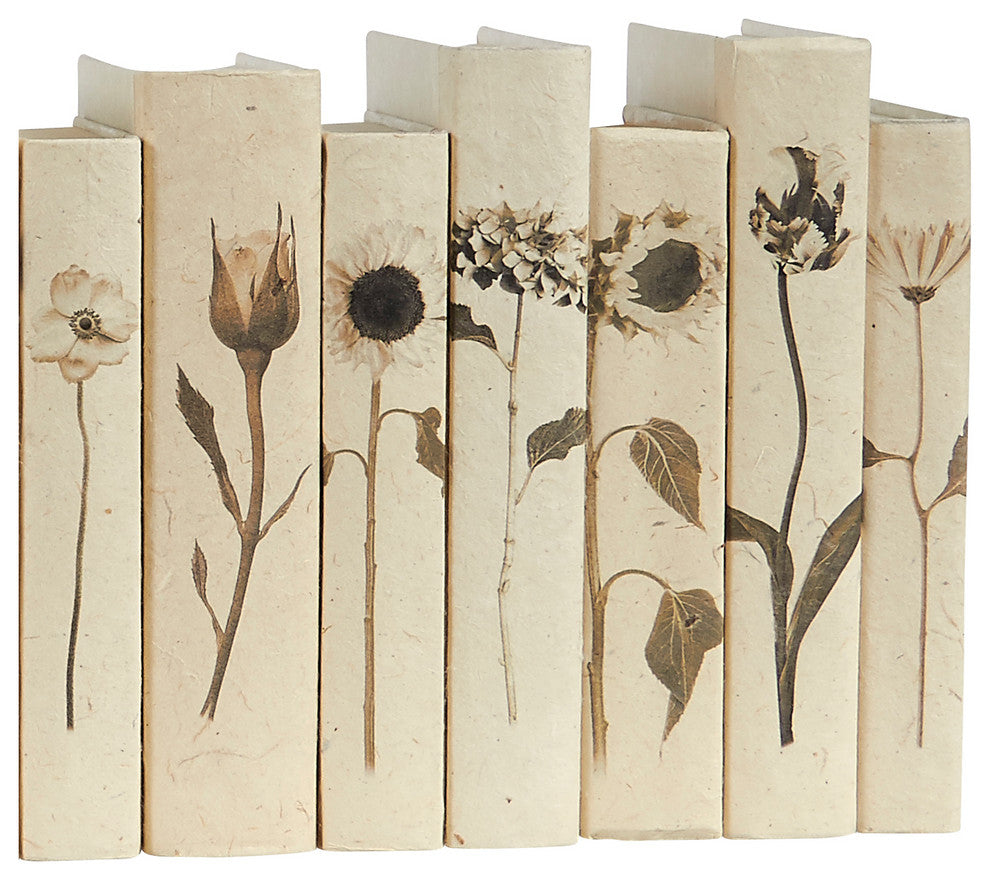 7 Piece Sepia Flowers Decorative Book Set, Collection B