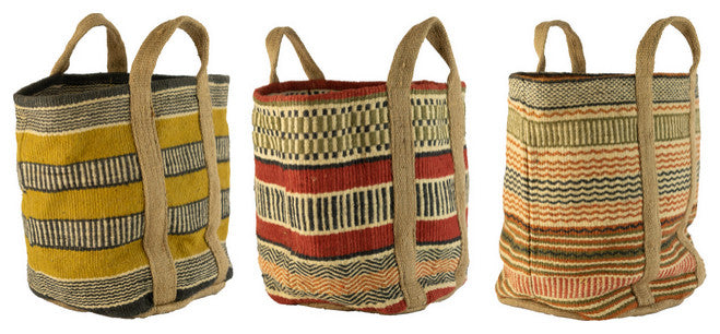 Set of 3 Multi Colored Woven Jute Baskets W Handles 18x18