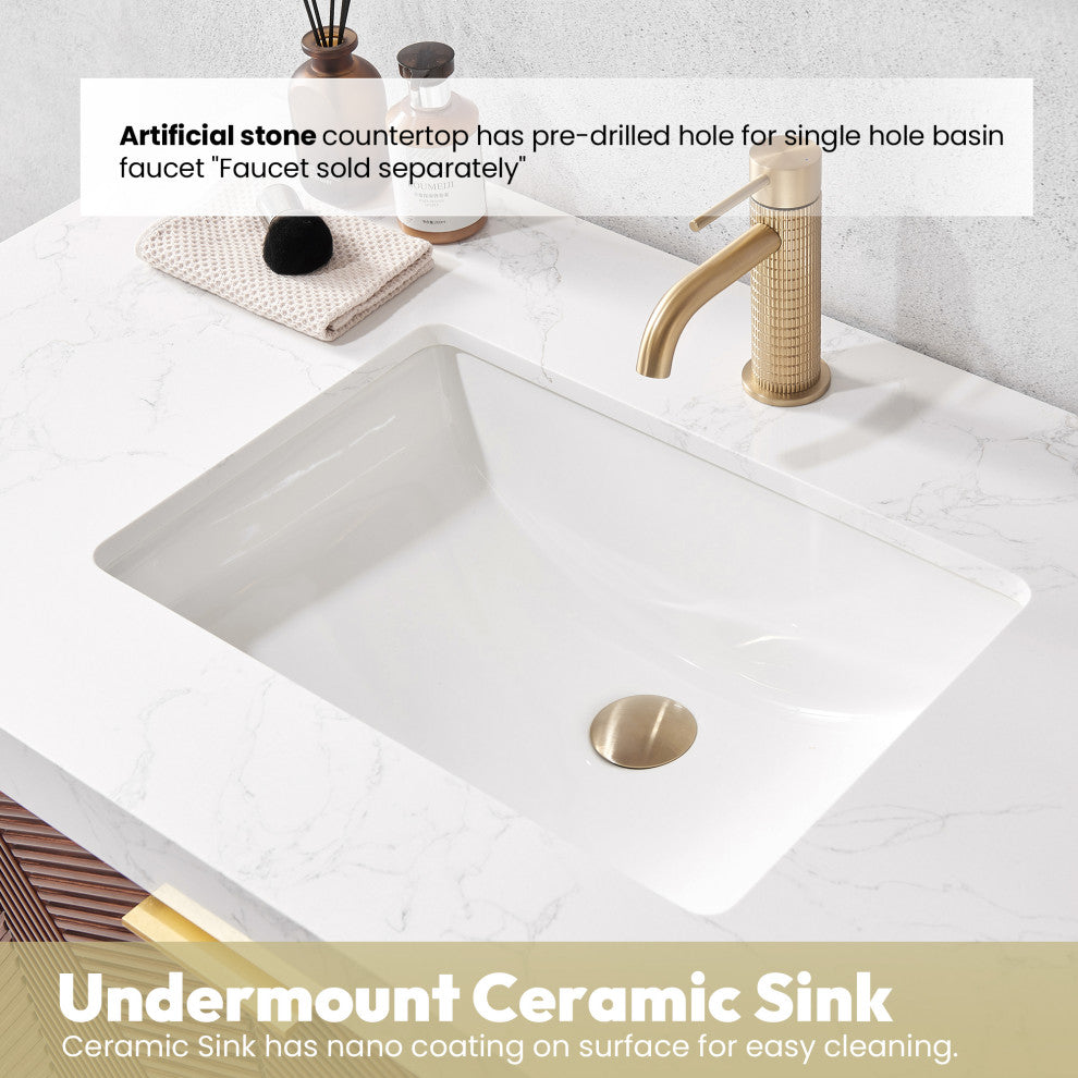 Mahon Bath Vanity, Stone Top, Brushed Gold Base, 36", Single Vanity, No Mirror
