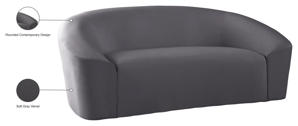 Riley Velvet Upholstered Rounded Loveseat, Gray