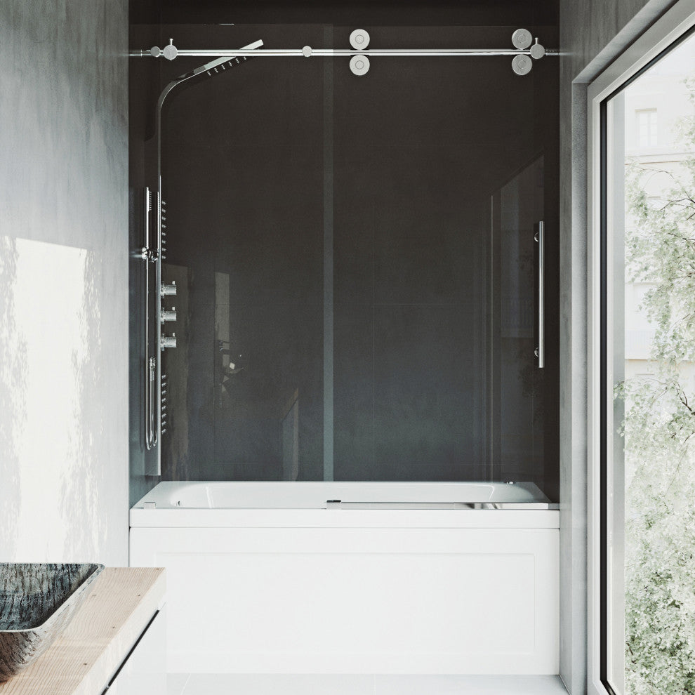 VIGO Elan 56" to 60" W x 66" H Frameless Sliding Tub Door, Chrome, Clear Glass