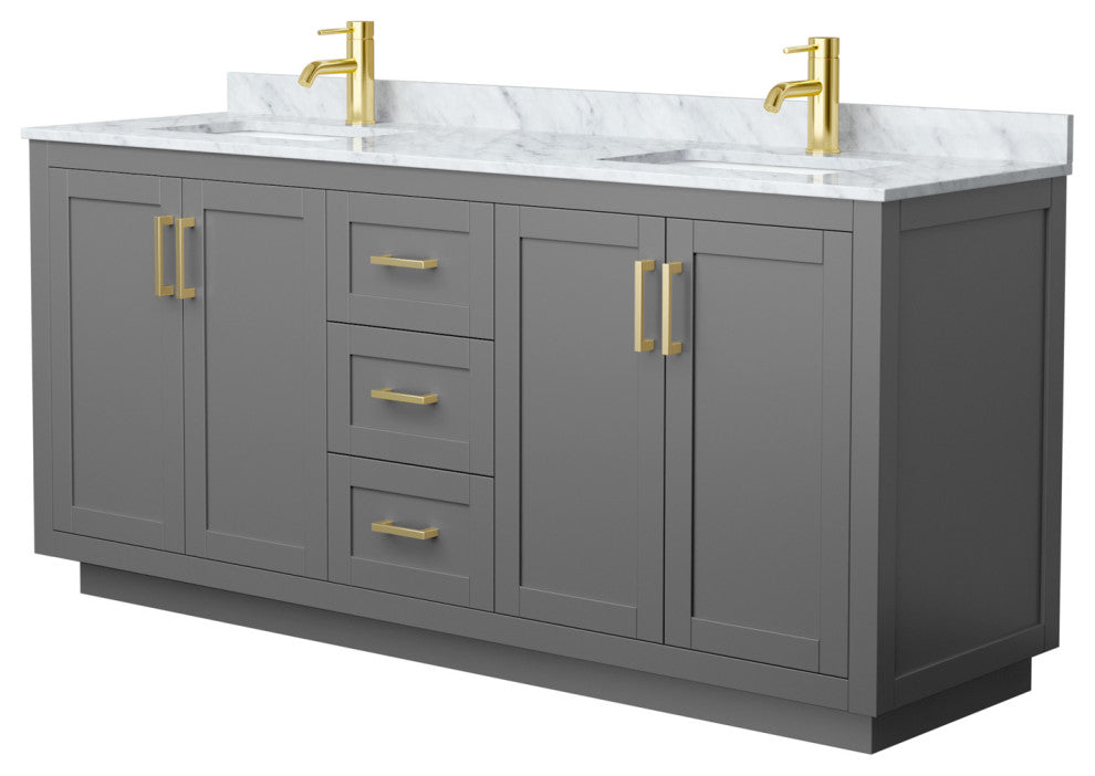 72" Double Bathroom Vanity, Dark Gray, Carrara Countertop, Sinks, Gold Trim