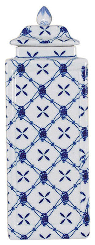Blue and White Square Porcelain Temple Jar Geometric Design 11"