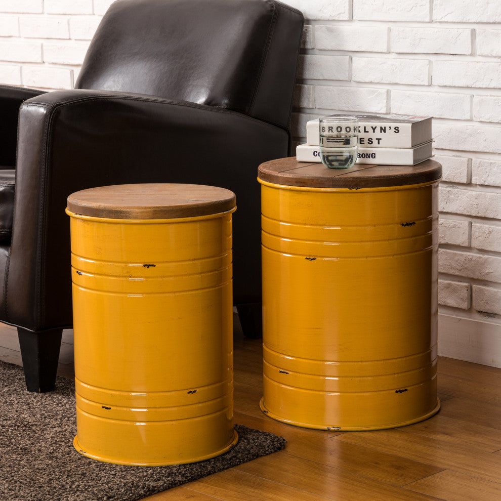 Farmhouse Metal With Solid Wood Seat Storage Stool, Set of 2, Yellow